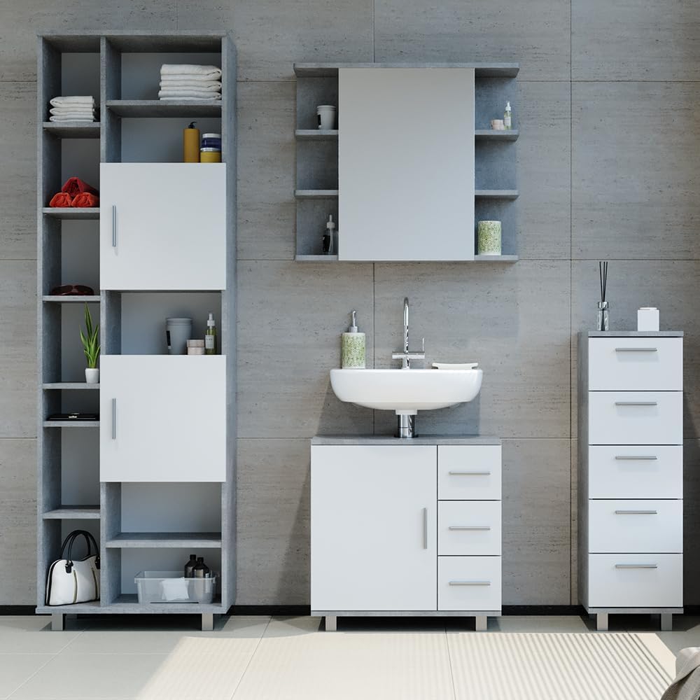 Vicco Ilias Vanity Unit Bathroom Cabinet (Concrete) - 60x60.8x33 cm - 3 Drawers & 1 Door - Stainless Steel Handles - Contemporary Style - Freestanding - Bathroom Storage