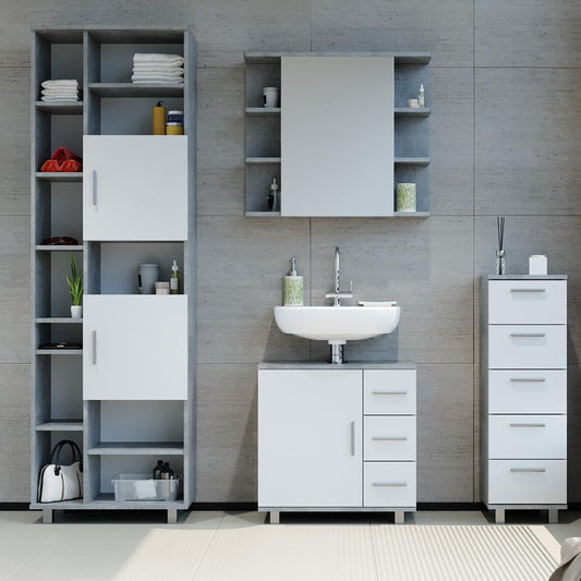 Vicco Ilias Vanity Unit Bathroom Cabinet (Concrete) - 60x60.8x33 cm - 3 Drawers & 1 Door - Stainless Steel Handles - Contemporary Style - Freestanding - Bathroom Storage