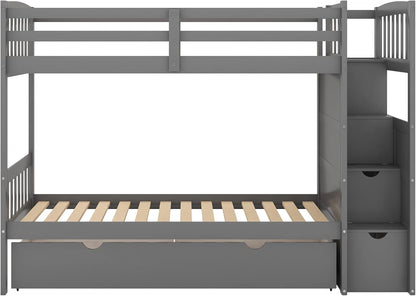 Harper & Bright Designs Twin Over Full Bunk Bed?Twin Bunk Bed for Kids,Bed Frame with Convertible Bottom Bed, Storage Shelves and Drawers for Kids,Adults(Grey)