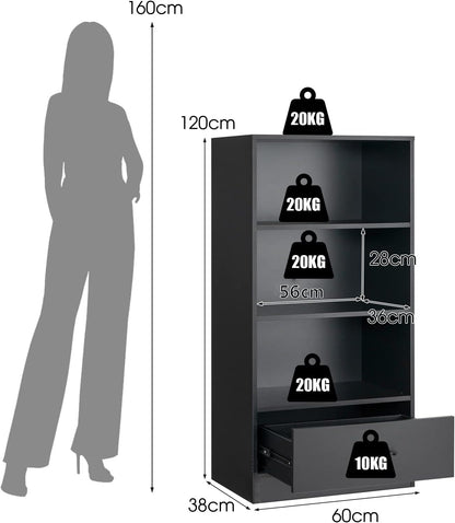COSTWAY Wooden Bookcase, Freestanding Storage Bookshelf Cabinet with 3-Tier Open Shelves & Drawer, Display Rack Shelving Unit Cupboard for Living Room, Bedroom, Hallway and Office (Black)