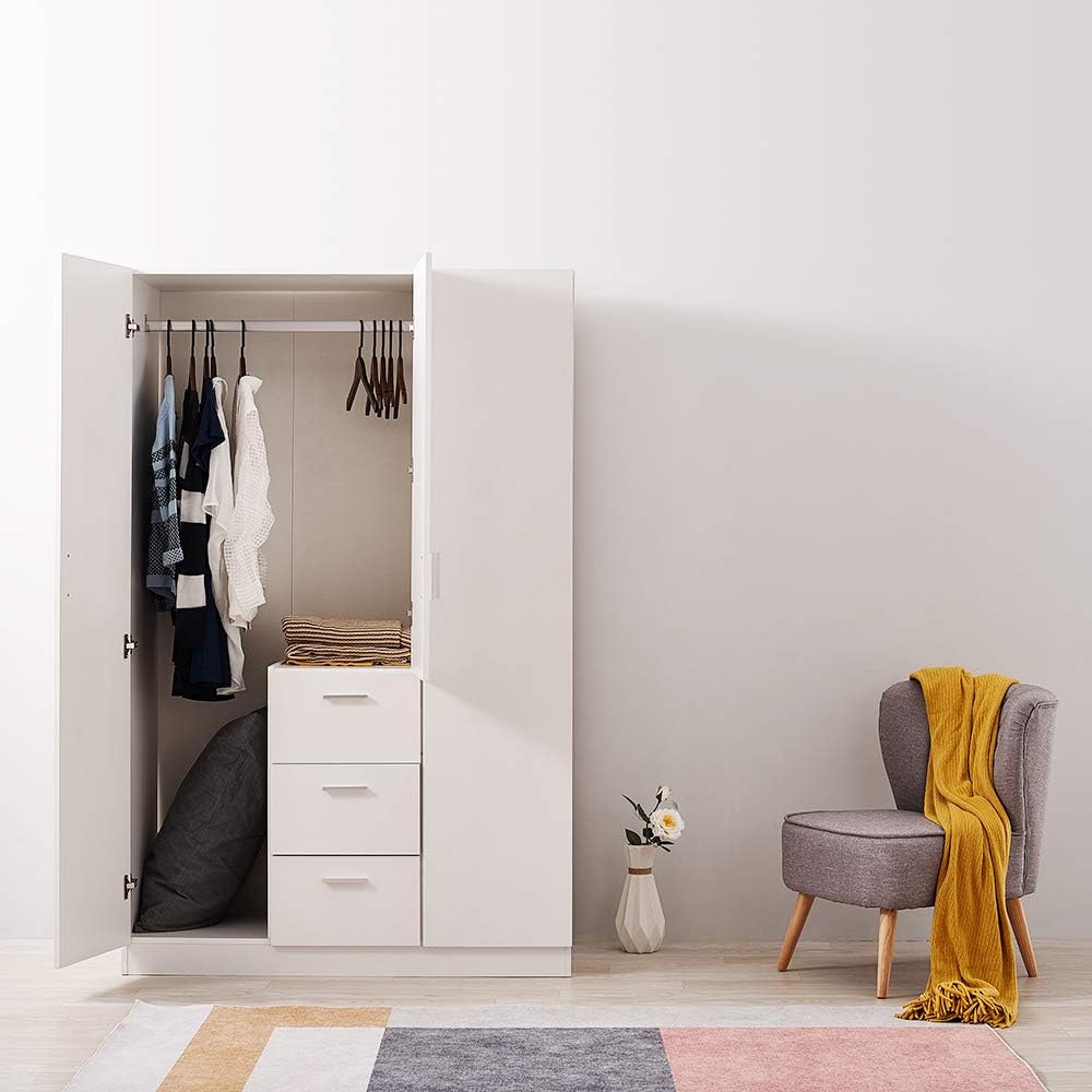 Panana Modern 3 Doors, 3 Drawers Wardrobes with Hanging Rail, Large Triple Clothes Storage Closet - White