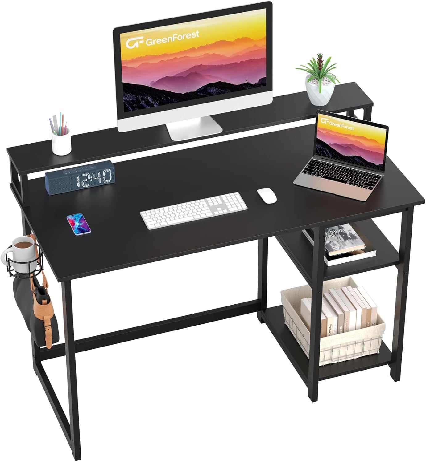 GreenForest Computer Desk with Full Monitor Stand and Reversible Storage Shelves,120cm Home Office Desk with Headphone Hook and Cup Holder, Study Writing Gaming Workstation Table,Full White