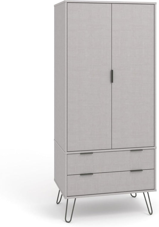 Home Source Double Wardrobe Cupboard Bedroom Storage with Clothes Rail, Engineered Wood, Grey, 2 Door 2 Drawer