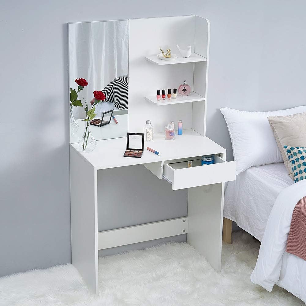 Panana Dressing Table White with a Large Mirror, Makeup Vanity Bedroom Dresser Set with 1 Drawers & 3 Shelves for Ample Storage (Style1)