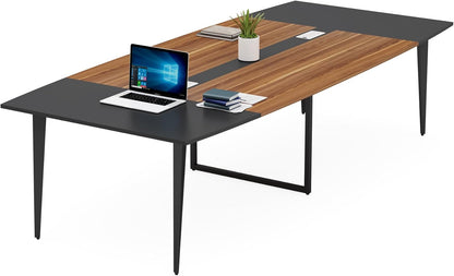 Tribesigns 8FT Conference Table, 94.48L x 47.24W x 29.52H Inches Boat Shaped Meeting Table with Rectangle Grommet, Modern Seminar Boardroom Table for Office Conference Room (8ft, Walnut & Black)