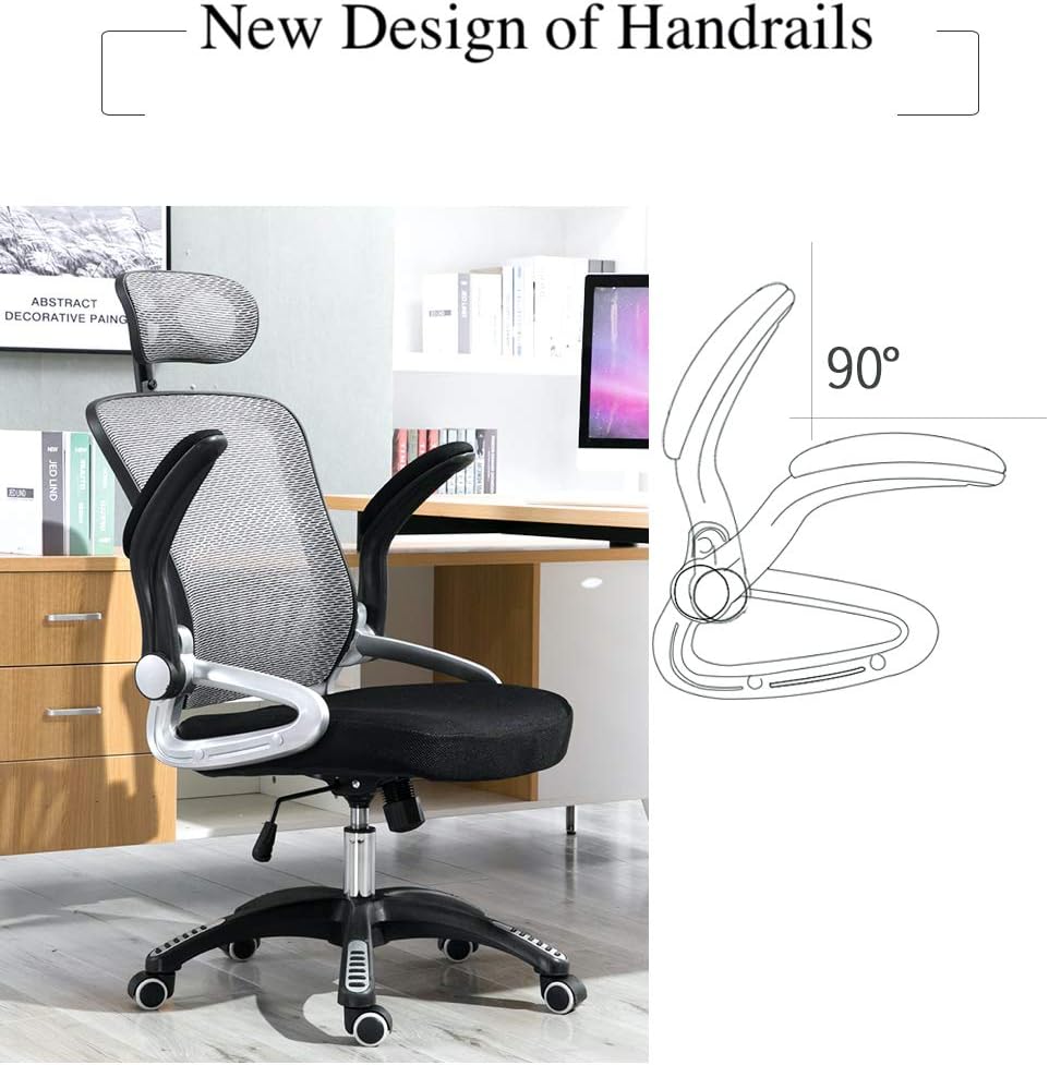YALLA OFFICE Ergonomic Office Chair Ergonomic Mesh with Wheels, Lumbar Back Support, Adjustable Headrest with Flip-up Armrest (Grey(Nylon Base)), 901-GRY-NFR