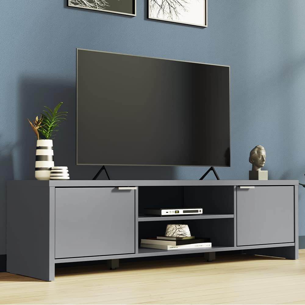 MADESA TV Stand Cabinet with Storage Space and Cable Management, TV Table Unit for TVs up to 65 Inches, Wooden, 40 H x 38 D x 145 L cm - Grey