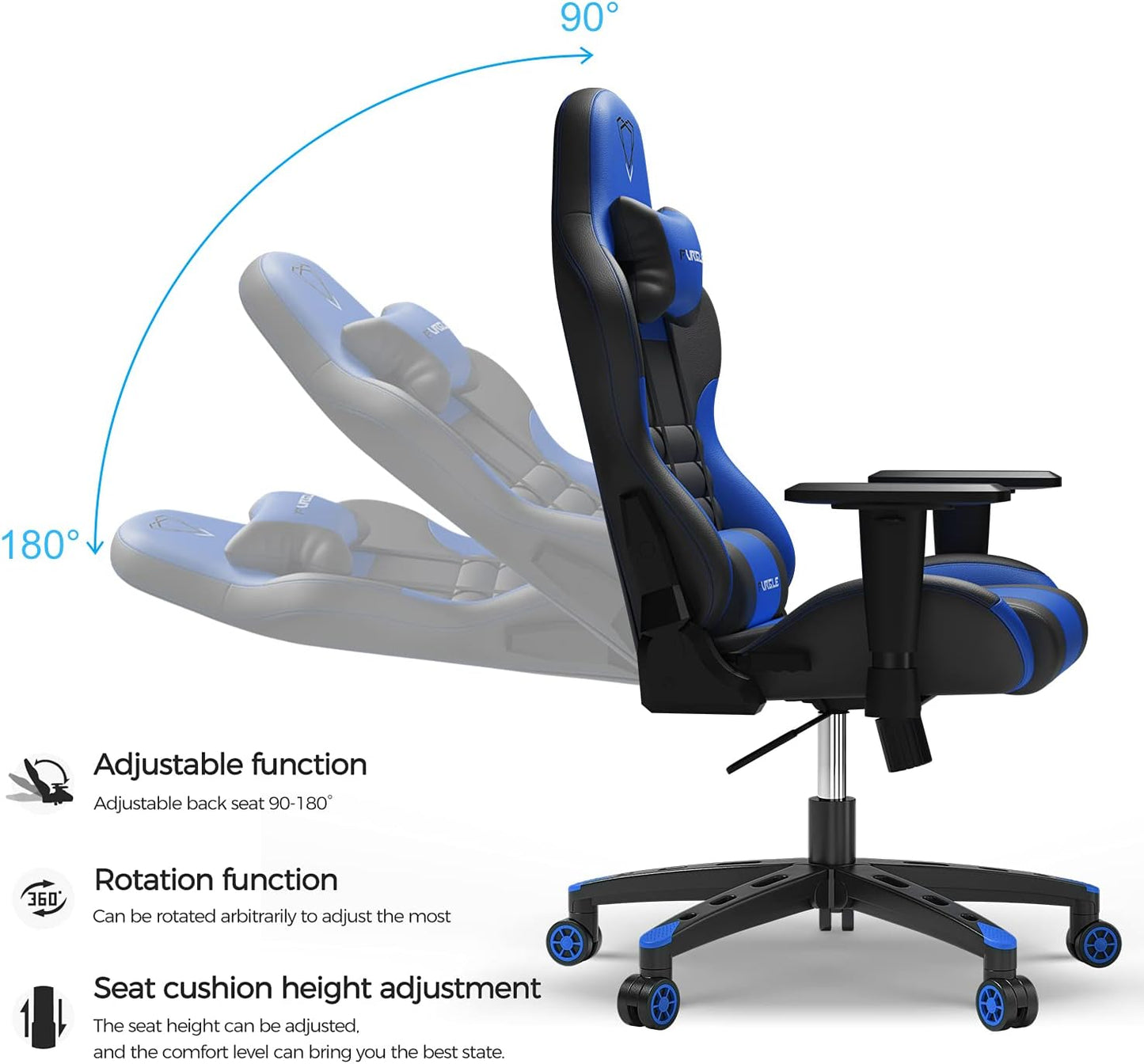 Furgle Gaming Chair, Gocker Ergonomic 3D Swivel Chair - One-Piece Steel Frame, PU Leather, Gas Lift - Black, Blue, Multicolor