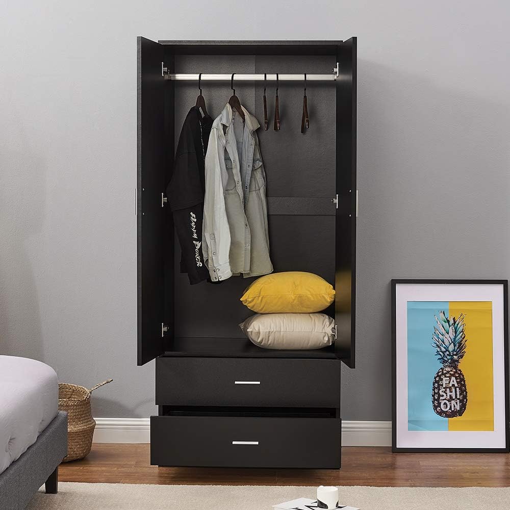 2 Door Combination Wardrobe Tall Big Wooden Wardrobe With 2 Big Drawers Bedroom Storage Units With Hanging Bar Clothes (Black)