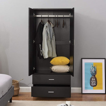 2 Door Combination Wardrobe Tall Big Wooden Wardrobe With 2 Big Drawers Bedroom Storage Units With Hanging Bar Clothes (Black)