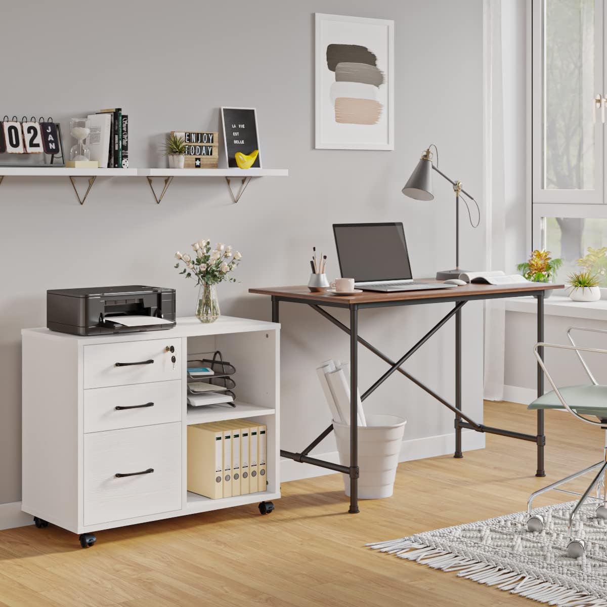 Panana 3 Drawer Office File Cabinets, Mobile Lateral Printer Stand with Open Storage Shelf, Rolling Filing Cabinet with Wheels Home Office Organization and Storage (White)