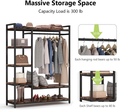 LITTLE TREE Free Standing Wood Closet Clothes Rack, Heavy Duty Garment Rack With Shelves, Hanging Racks for Clothing, Bedroom Wardrobe Closet Organizer, 350 lb Capacity, Rustic