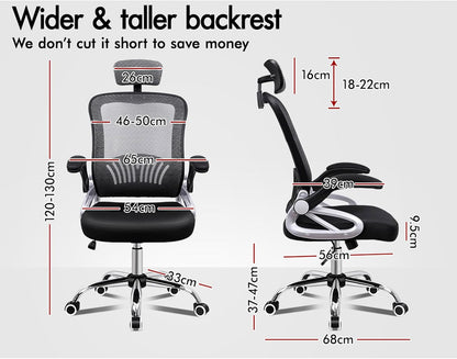ALFORDSON Ergonomic Office Chair, Desk Chair with Adjustable Headrest, Armrests, Swivel Chair with Rocker Function, Higher Backrest, 180 kg Load Capacity, Black