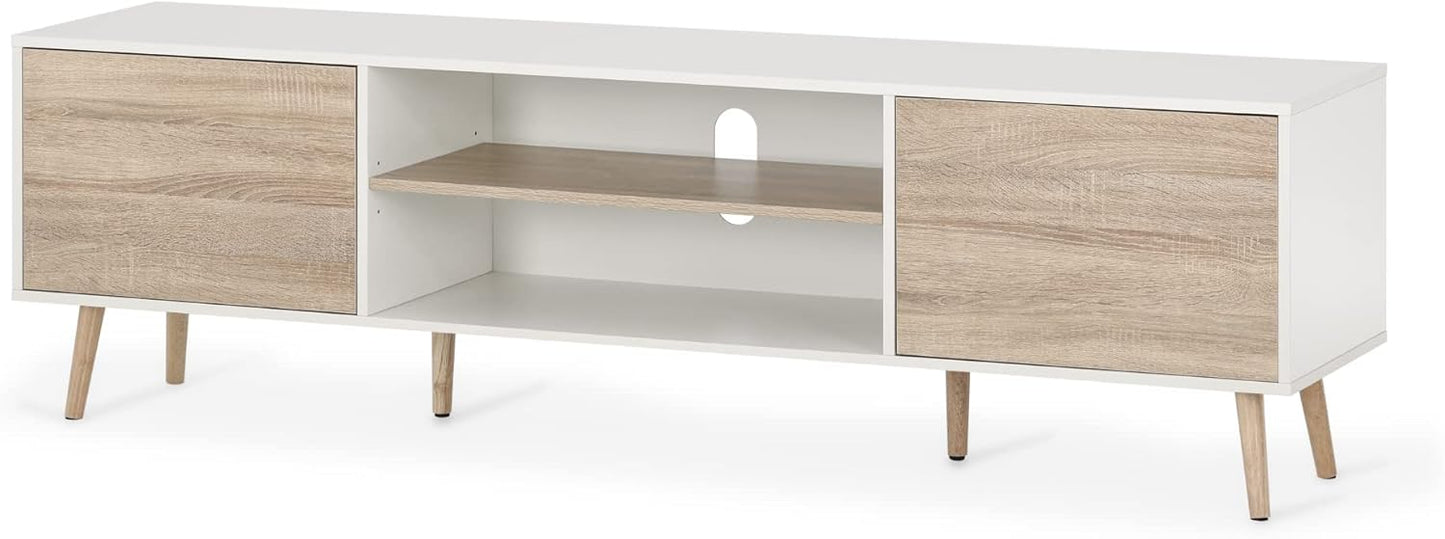 WAMPAT Mid-Century Modern TV Stand for TVs up to 75 inch Flat Screen Wood TV Console Media Cabinet with Storage Shelf, Home Entertainment Center with Doors in White&Oak for Living Room Bedroom, 70"