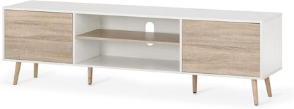 WAMPAT Mid-Century Modern TV Stand for TVs up to 75 inch Flat Screen Wood TV Console Media Cabinet with Storage Shelf, Home Entertainment Center with Doors in White&Oak for Living Room Bedroom, 70"