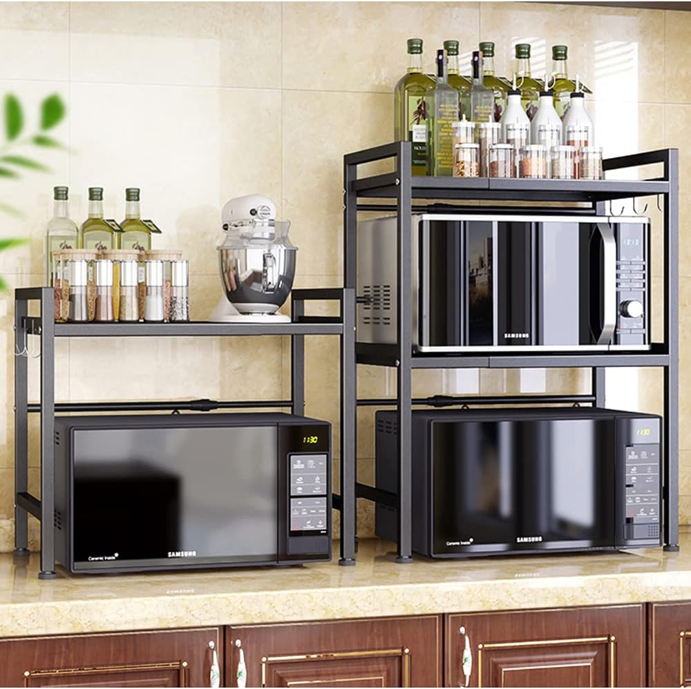 Peniogar Microwave Shelf 2 Tier Expandable and Height Adjustable Microwave Oven Rack Oven Countertop Stand Kitchen Counter Shelf with 3 Hooks Black