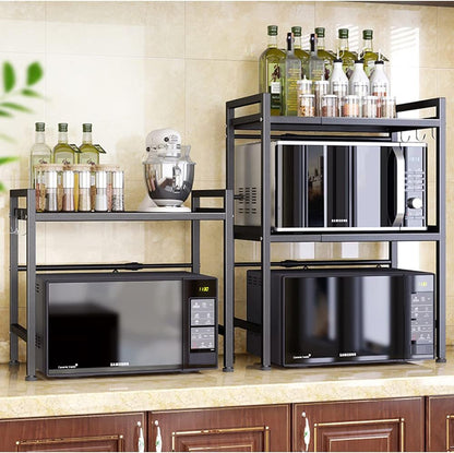 Peniogar Microwave Shelf 2 Tier Expandable and Height Adjustable Microwave Oven Rack Oven Countertop Stand Kitchen Counter Shelf with 3 Hooks Black