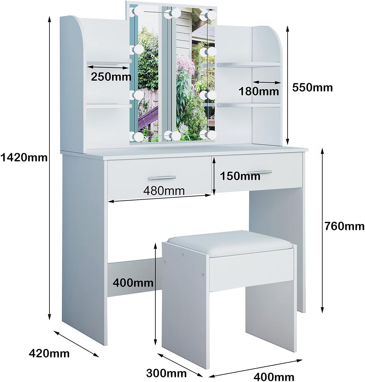 AWOOOD White Dressing Table,Dressing Tables with Lights & Mirror,Vanity Makeup Table Set with 2 Large Drawers & Stool for Girls
