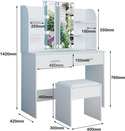 AWOOOD White Dressing Table,Dressing Tables with Lights & Mirror,Vanity Makeup Table Set with 2 Large Drawers & Stool for Girls