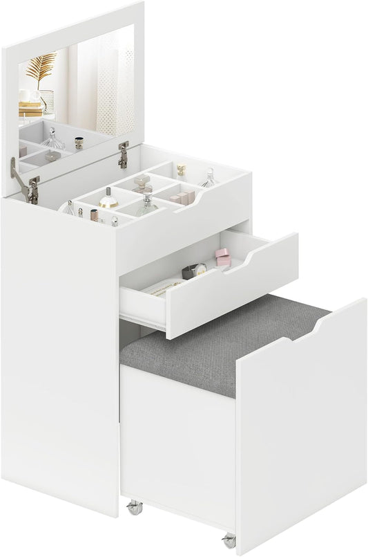 HOMCOM Dressing Table with Stool, Dressing Table Set, Cosmetic Table with Mirror and Drawers, Dressing Table with Tilt Protection, Dressing Table for Bedroom, White, 60 x 40 x 114 cm