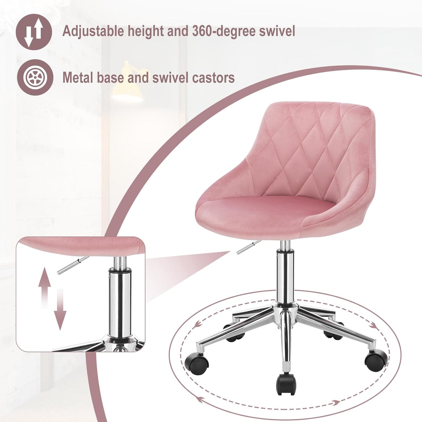 EUGAD 1 x 0033BGY Office Chair Swivel and Adjustable Velvet Office Chair with Wheels Pink