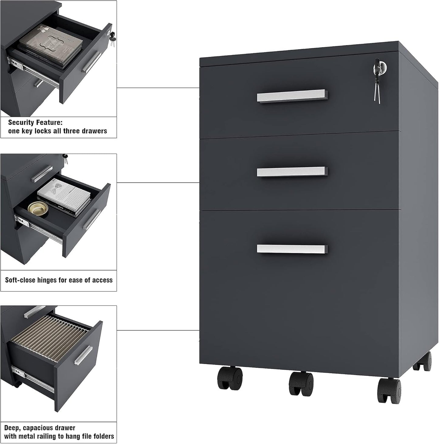 FurniFlex File Cabinet with Lock, 26-Inch Size, Black/Black