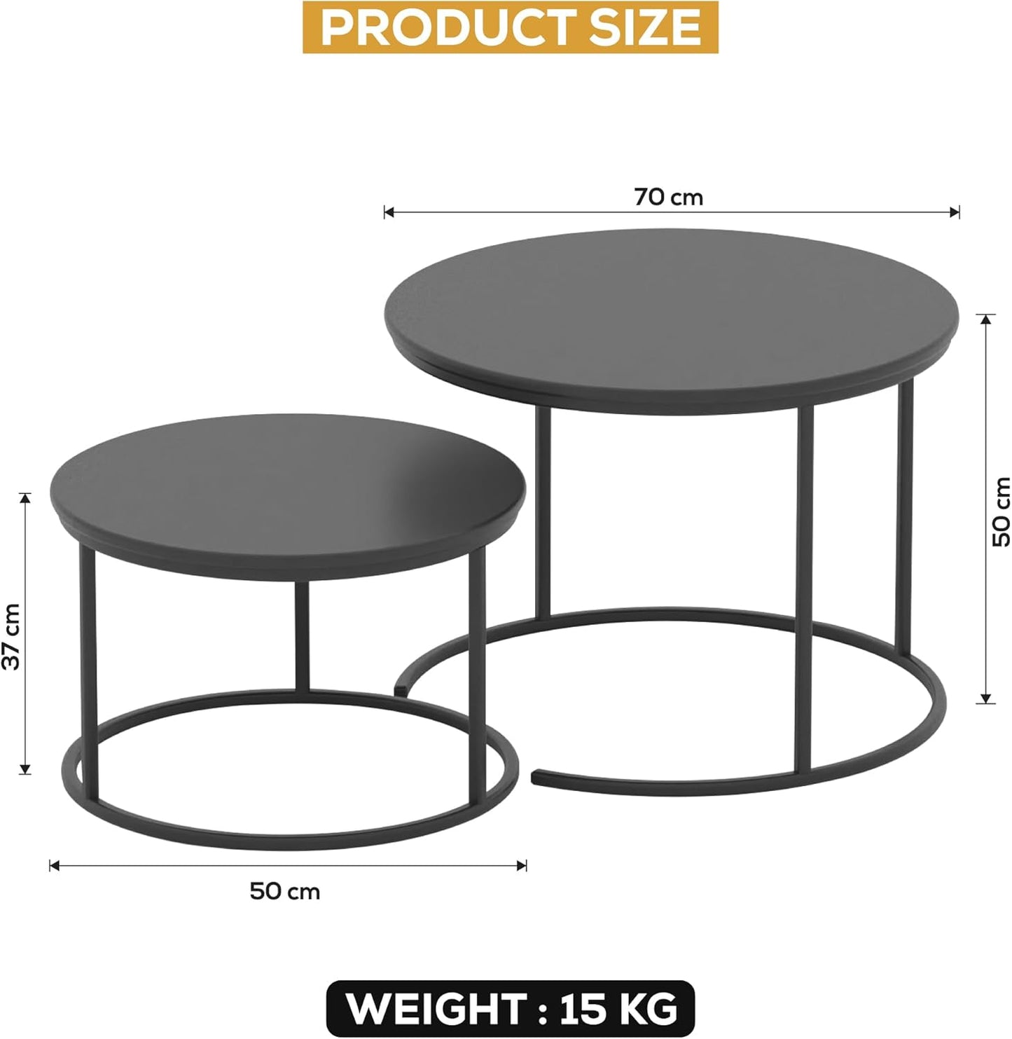 RIGID Nesting Tables Set of 2 Wood Coffee Table Round, Farmhouse End Tables for Living Room, Small Couch Tea Table, Industrial Stacking Side Tables with Sturdy Steel Metal Frame