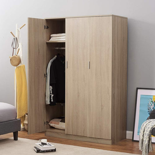 Modern Matt Oak 3 door triple wardrobe with shelves & rail.Slow-close hinges