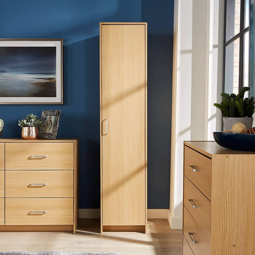 Home Source Stratford Single Door Narrow Wardrobe with Clothes Hanging Rail Storage Shelf Organiser Furniture, Oak, Bedroom Unit
