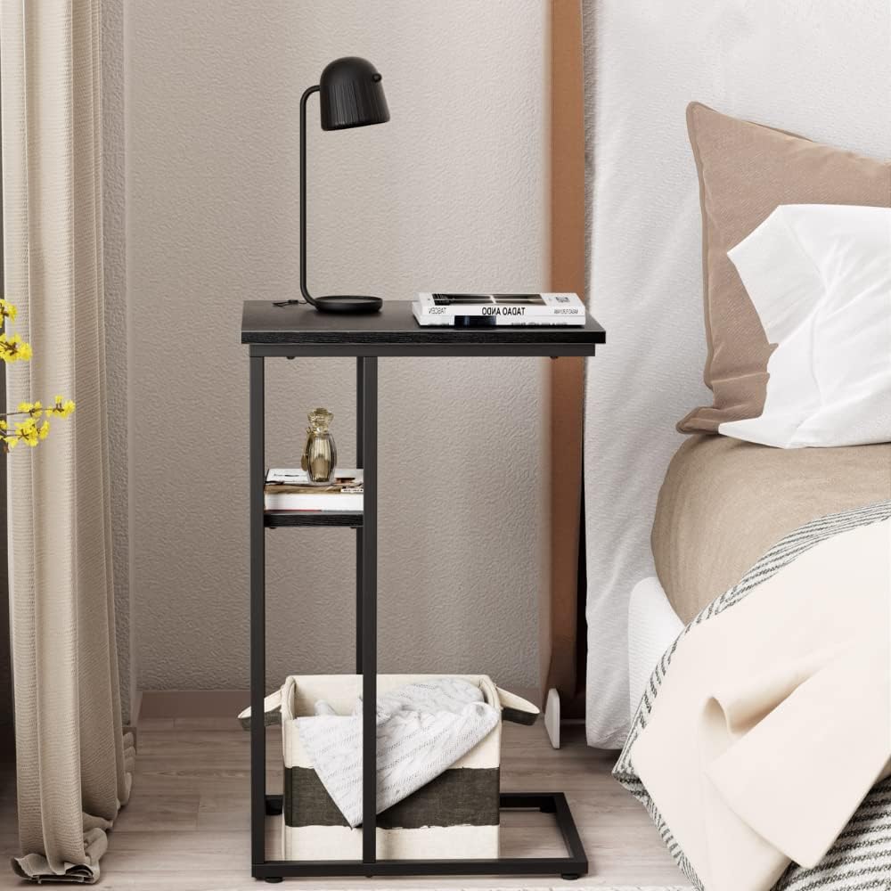 Innerjoin C Shaped End Table Set of 2 Black, C Side Table with Metal Frame, TV Tray Table for Sofa, Bed, Rustic Vintage Style, Black