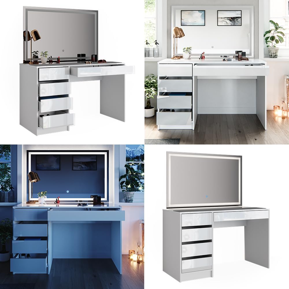 Vicco dressing table with light "Sherry", White High gloss, 120 cm with LED lighting