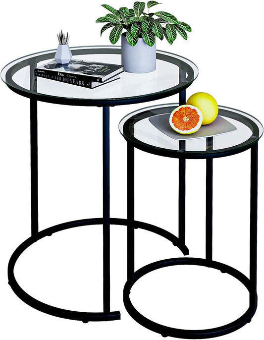 Azheruol Nesting Coffee Table Set of 2,Modern Black Tempered Glass Side Table, Metal Frame Round End Table.Small Glass Tea Table for Living Room,Bedroom Studio Apartment Essentials? 23.2In