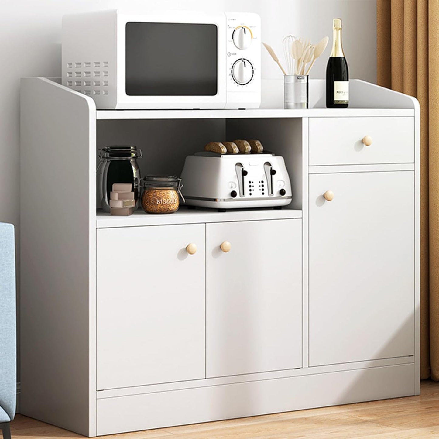 Sharpdo Kitchen Storage Cabinet Sideboard,Modern Simple Multifunctional Coffee Corner with 1 Drawers and 3 Adjustable Shelves,Suitable Kitchen, Living Room, Dining Room (White)
