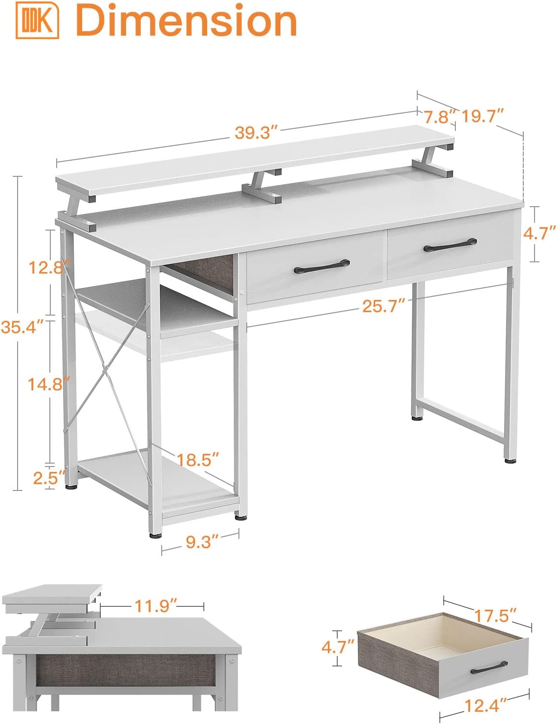 ODK Computer Desk 40" Table: Office Desk with Drawers & Wood Storage Shelves, Home Work Writing Desk & Large Space Monitor Stand, White