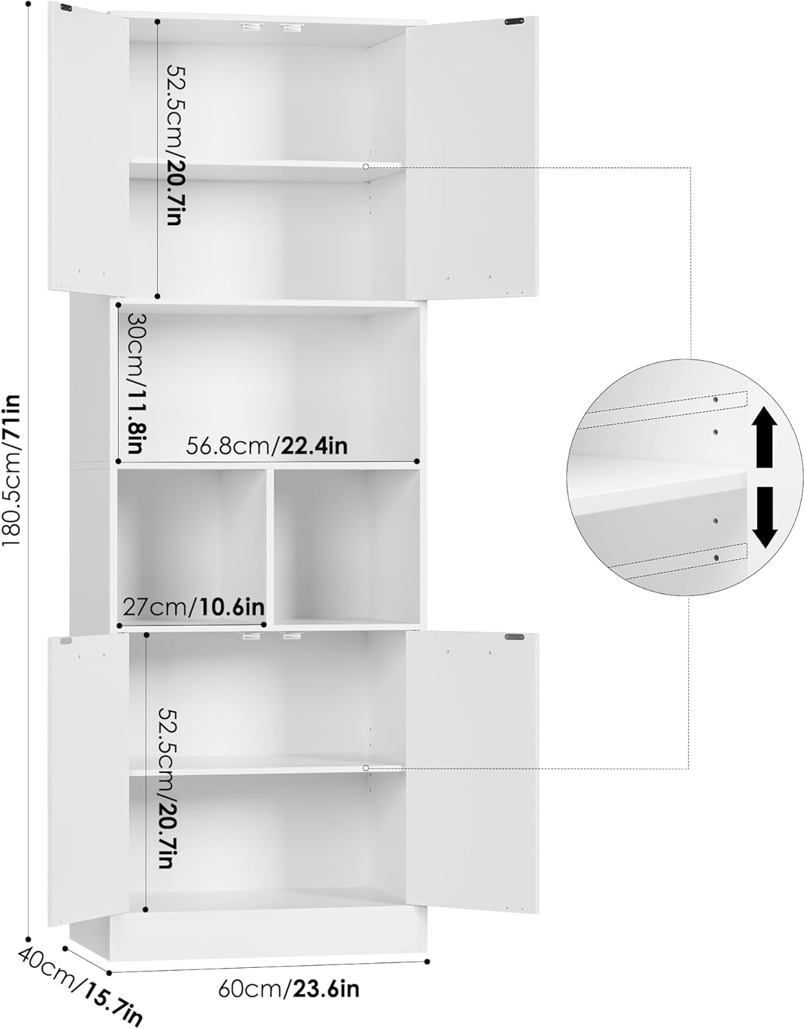 FirFurd 180.5cm Tall Bookcase White Bookshelf with 4 Doors Living Room Bookcases Free Standing Storage Cupboard for Home Office 180.5x60x40cm