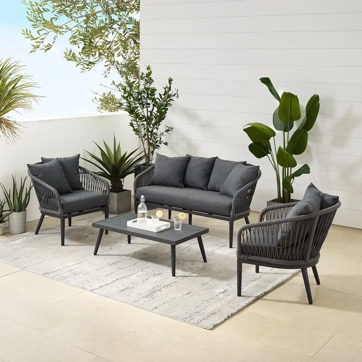 Modern 4-Piece Outdoor Patio Set, Grey Rope Weave Furniture with Cushions, metal Frame, Coffee Table