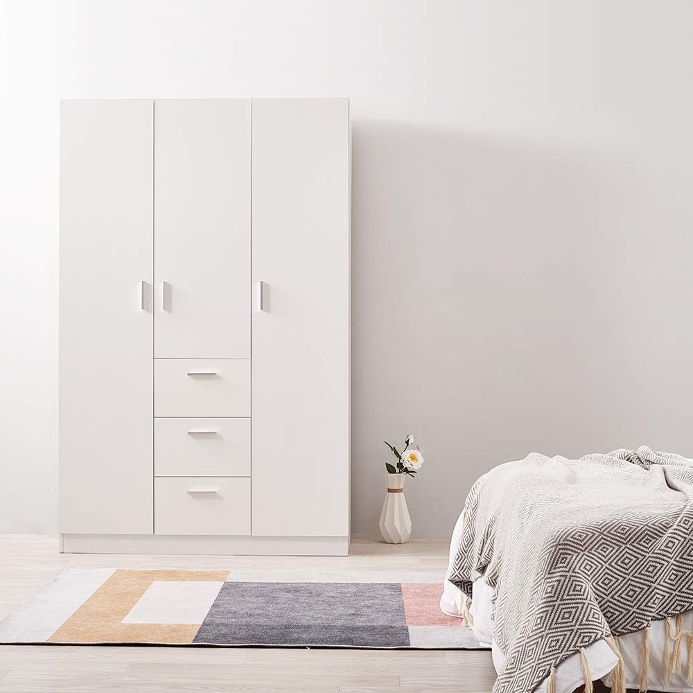 Panana Modern 3 Doors, 3 Drawers Wardrobes with Hanging Rail, Large Triple Clothes Storage Closet - White