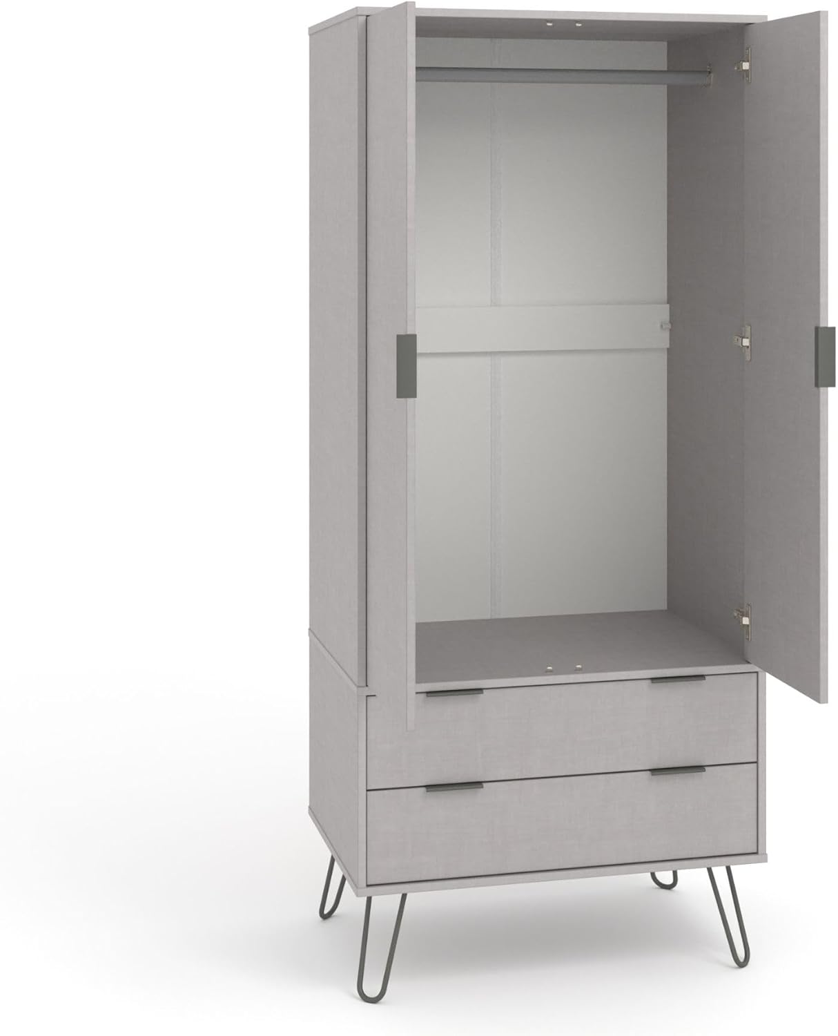 Home Source Double Wardrobe Cupboard Bedroom Storage with Clothes Rail, Engineered Wood, Grey, 2 Door 2 Drawer