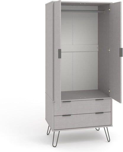 Home Source Double Wardrobe Cupboard Bedroom Storage with Clothes Rail, Engineered Wood, Grey, 2 Door 2 Drawer