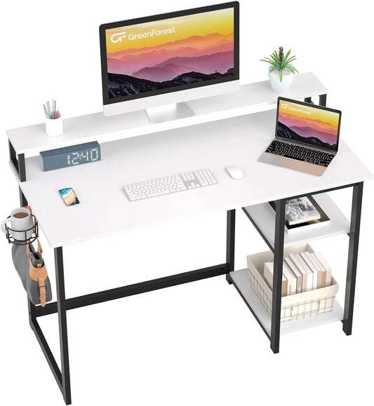 GreenForest Computer Desk with Full Monitor Stand and Reversible Storage Shelves,120cm Home Office Desk with Headphone Hook and Cup Holder, Study Writing Gaming Workstation Table,Full White