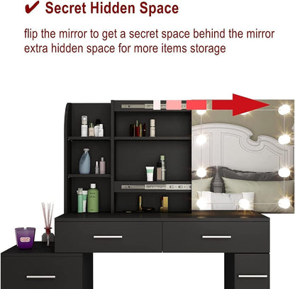 FurniFlex Dressing Table Set/Makeup Table Set with LED Lights, Mirror, 5 Drawers, Black