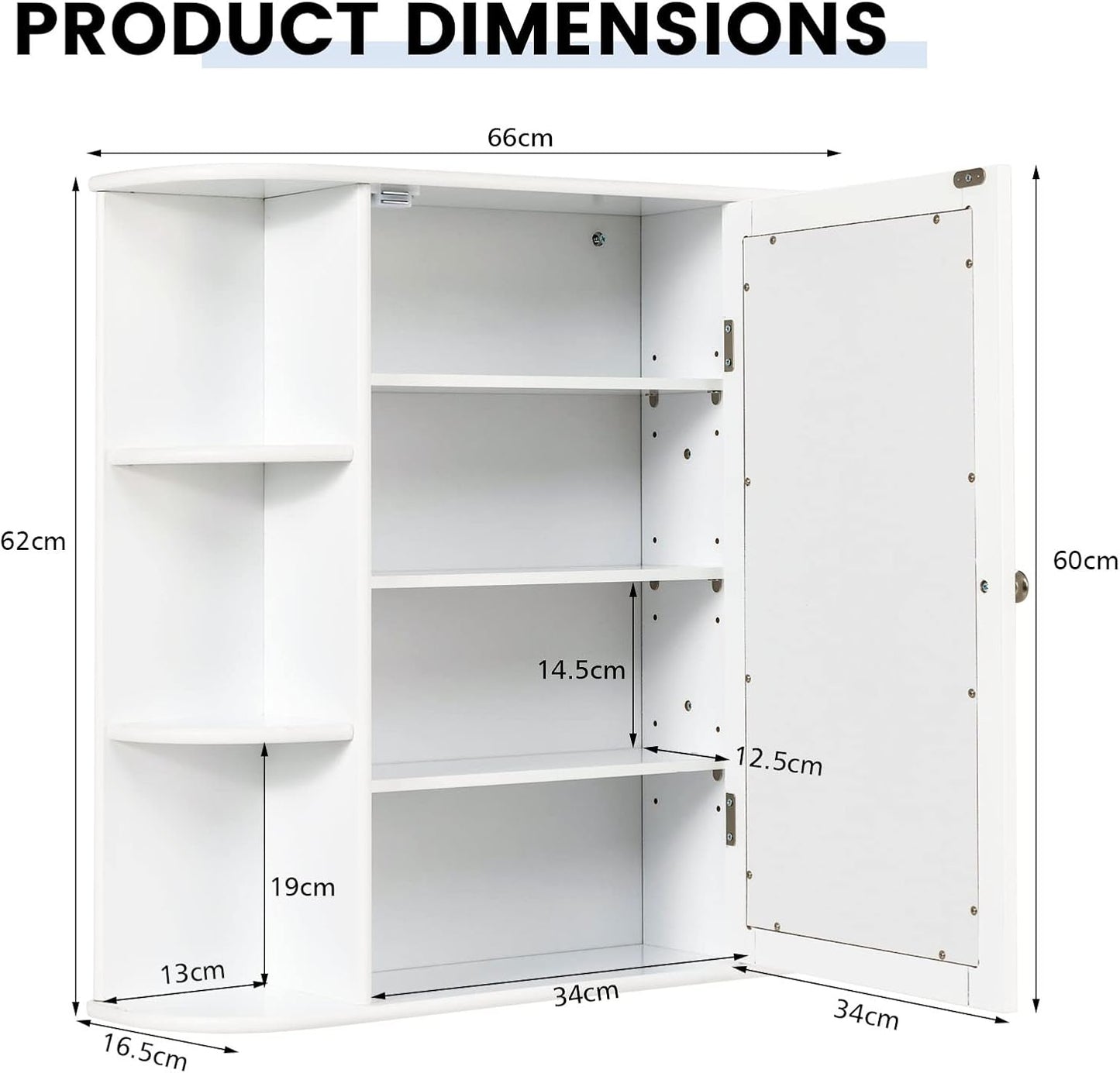 LIFEZEAL Bathroom Wall Cabinet with Mirror, MDF Hanging Storage Unit, Height Adjustable Shelves, Toilet Storage Cupboard 66 x 16.5 x 62 cm (White)