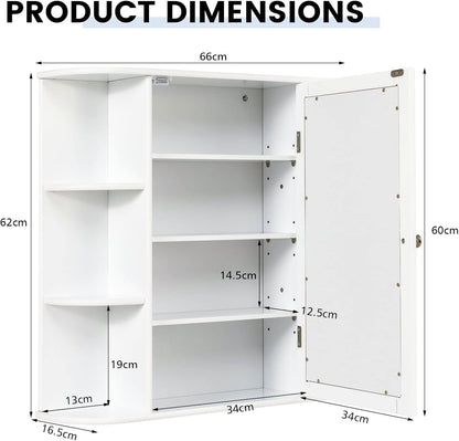 LIFEZEAL Bathroom Wall Cabinet with Mirror, MDF Hanging Storage Unit, Height Adjustable Shelves, Toilet Storage Cupboard 66 x 16.5 x 62 cm (White)