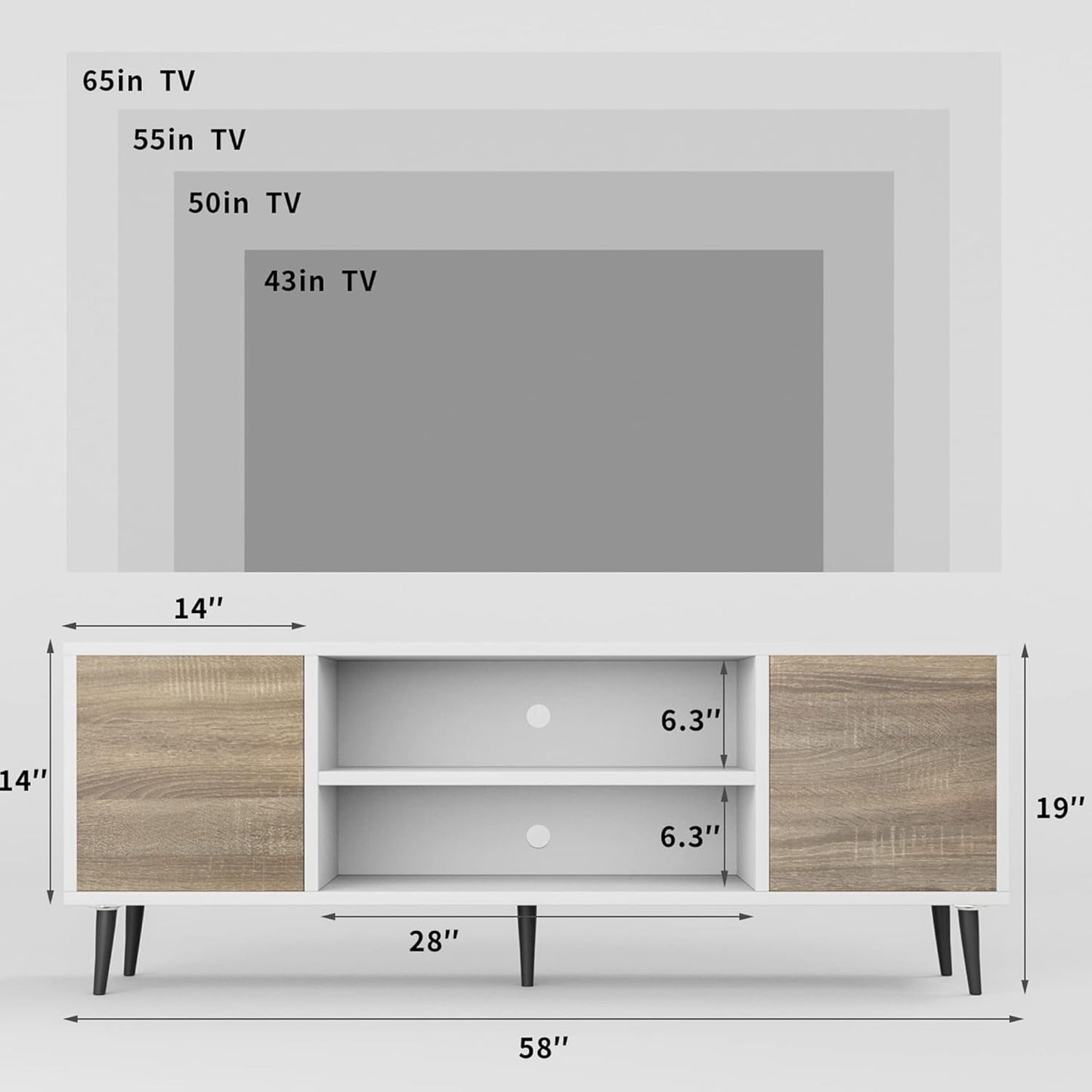 JUMMICO Mid-Century Modern TV Stand for 55/65 Inch TV, Entertainment Center with Storage Cabinet and Open Shelves, TV Media Cabinet for Living Room, Bedroom and Office (White and Oak, 65 Inches)