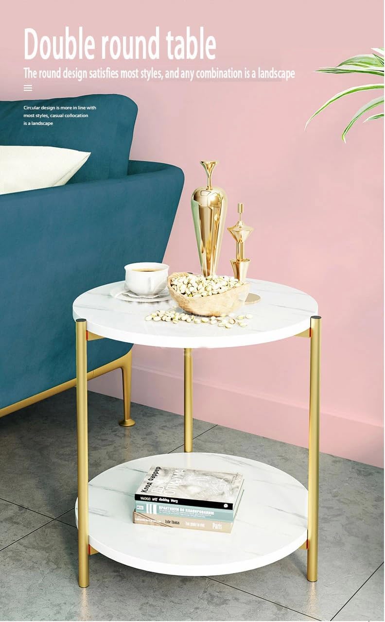 Homes Element Multi-Purpose Modern Versatile Marble Texture 2 Tier Round Shape Coffee Table Nesting Table End Table Bedside Table Nightstand for Living Room Bedroom Reception Office-40x40x43cm(White)