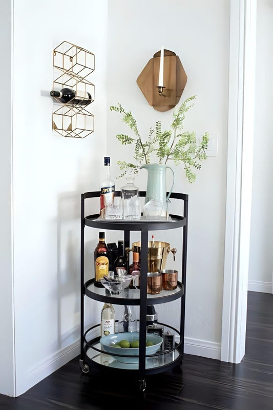 AR Corner Steel Frame Tea Cart, 45 cm Diameter x 80 cm Height, Black