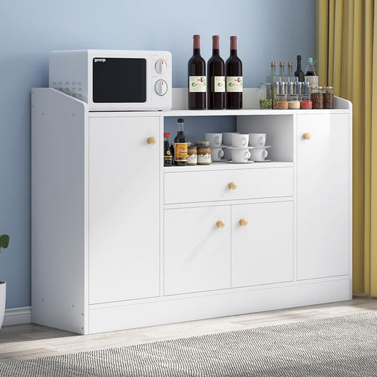 Sideboard Cabinet, Wooden Kitchen Cabinet with 1 Drawer & 4 Doors for Microwave Oven, Tableware and Kitchen Utensils, Modern Storage Cabinet for Dining Room, Living Room and Kitchen, CDA5 (White)