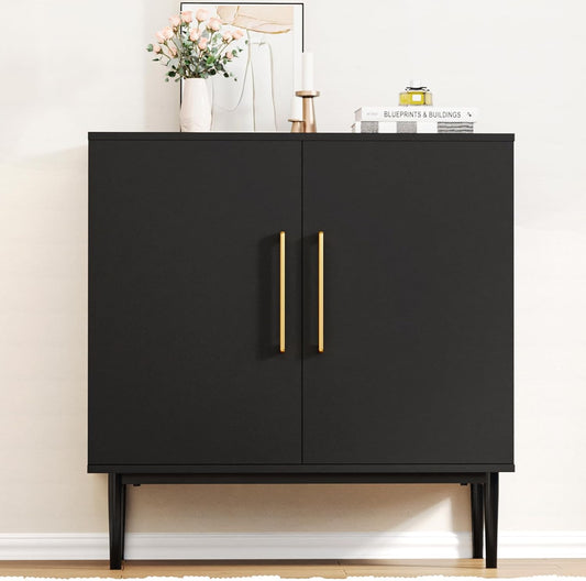 Vrullu Modern, Free Standing Cabinet, Black Sideboard and Buffet Storage with Doors, Wood Accent Cabinet for Living Room, Hallway, Entryway, Dining Room, Bedroom (1, Black)