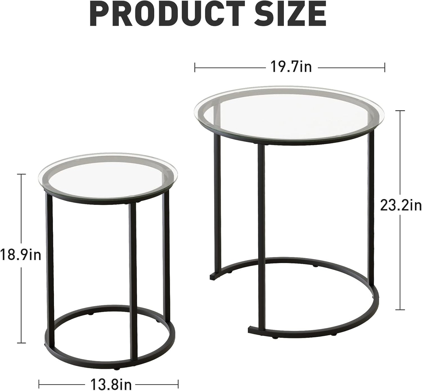 Azheruol Nesting Coffee Table Set of 2,Modern Black Tempered Glass Side Table, Metal Frame Round End Table.Small Glass Tea Table for Living Room,Bedroom Studio Apartment Essentials? 23.2In