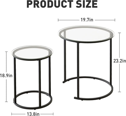 Azheruol Nesting Coffee Table Set of 2,Modern Black Tempered Glass Side Table, Metal Frame Round End Table.Small Glass Tea Table for Living Room,Bedroom Studio Apartment Essentials? 23.2In